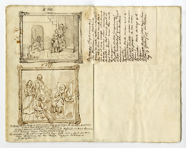 135550 Afbeelding van twee schilderijen met geschreven commentaar.